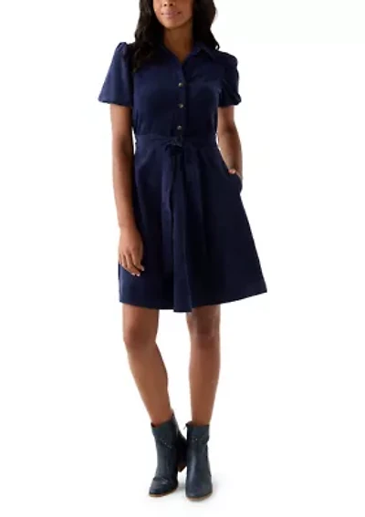 Women's Puff Sleeve Button Up Corduroy Midi Dress with Tie