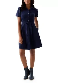Women's Puff Sleeve Button Up Corduroy Midi Dress with Tie
