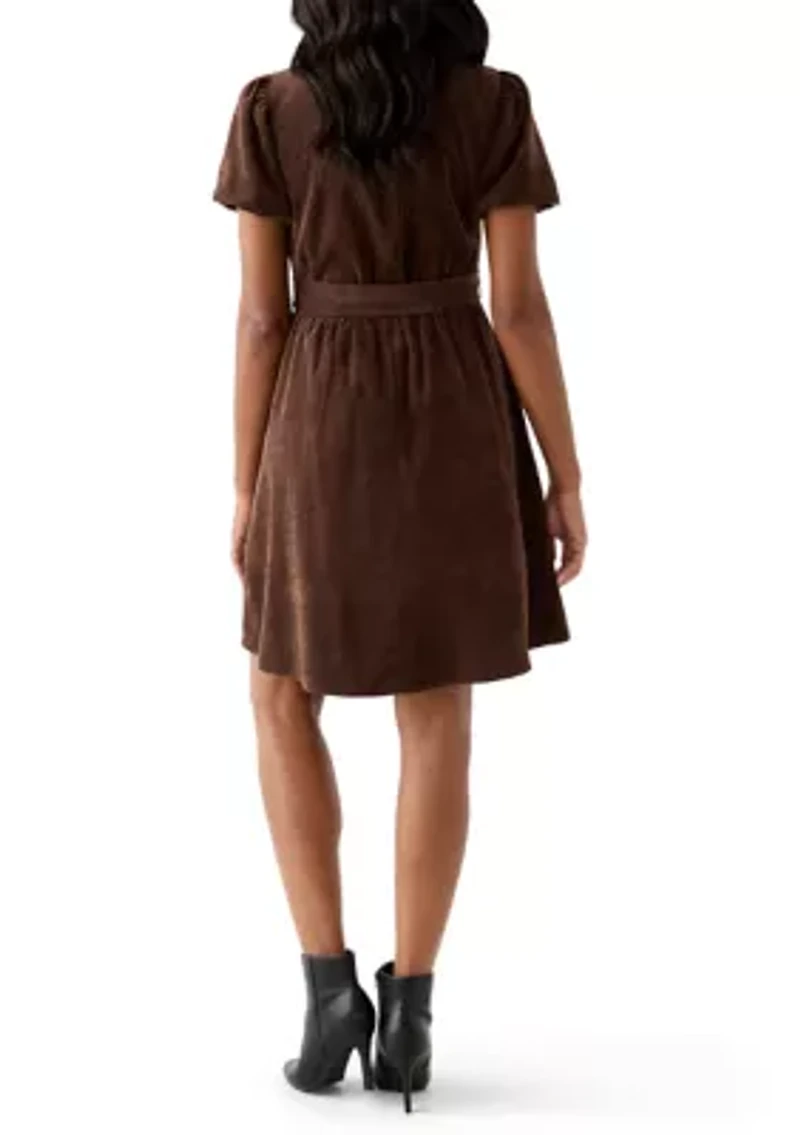 Women's Puff Sleeve Button Up Corduroy Midi Dress with Tie