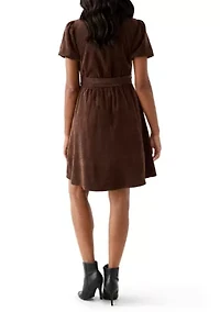 Women's Puff Sleeve Button Up Corduroy Midi Dress with Tie