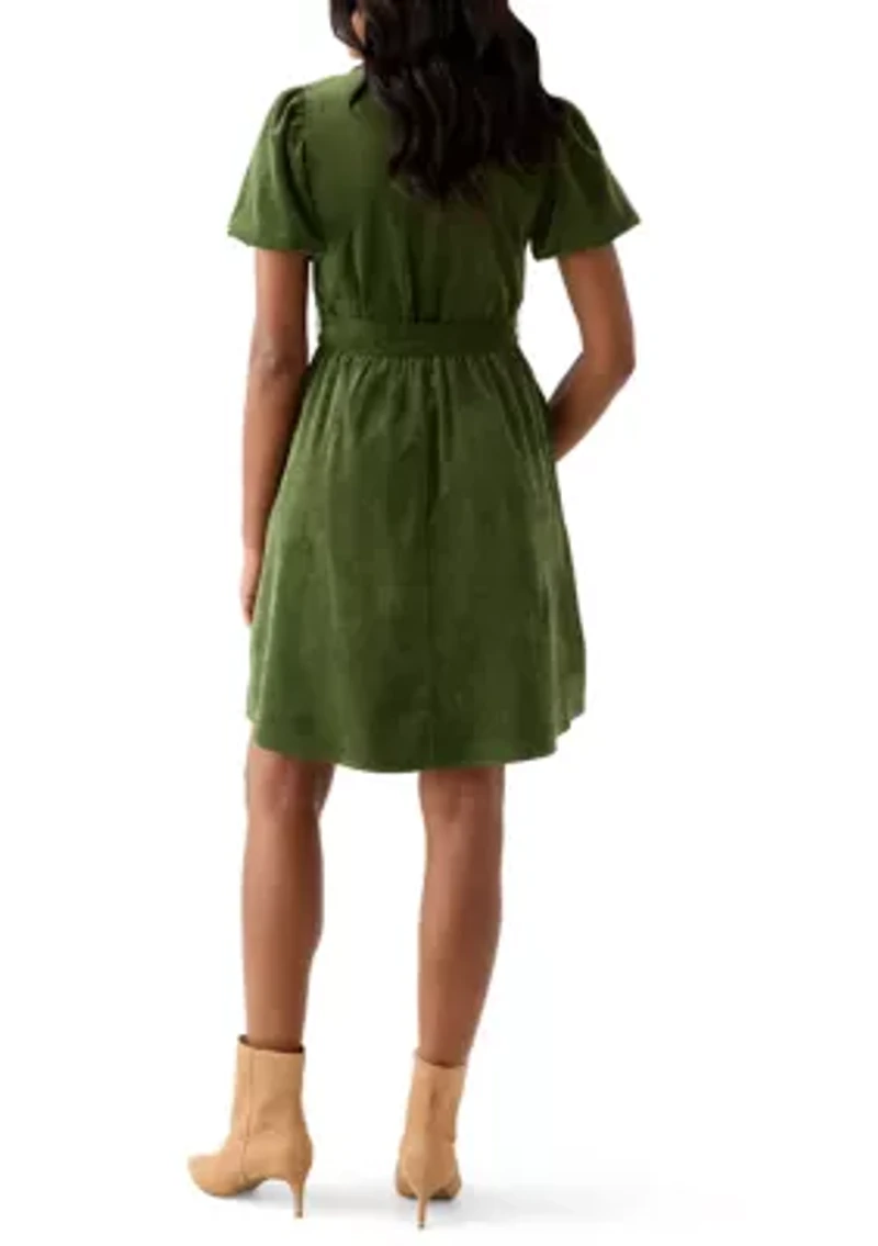 Women's Puff Sleeve Button Up Corduroy Midi Dress with Tie