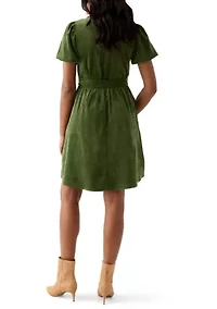 Women's Puff Sleeve Button Up Corduroy Midi Dress with Tie