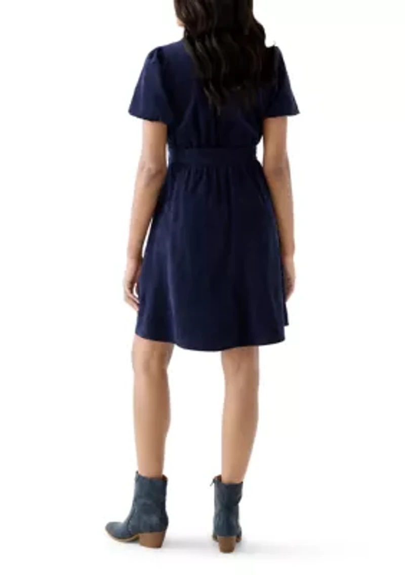 Women's Puff Sleeve Button Up Corduroy Midi Dress with Tie