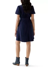 Women's Puff Sleeve Button Up Corduroy Midi Dress with Tie