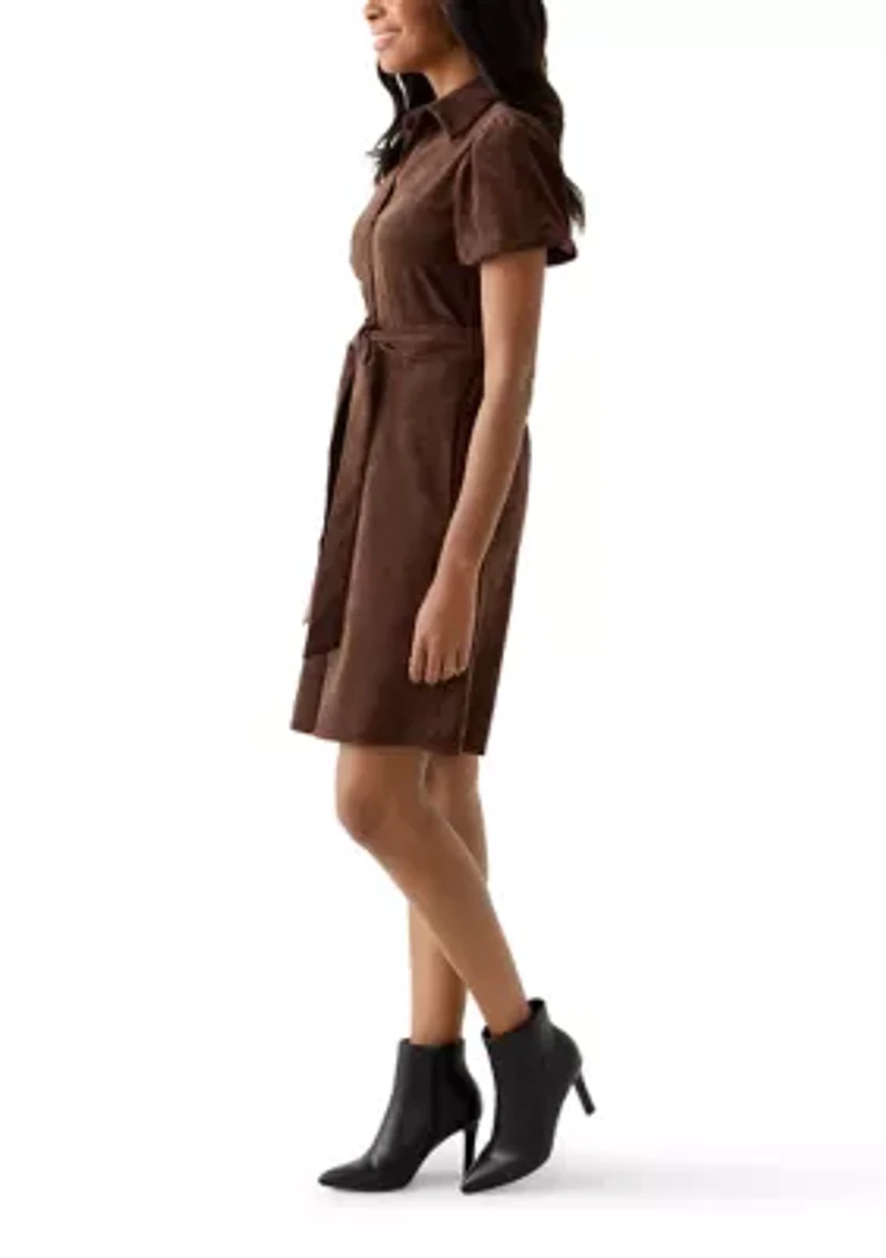 Women's Puff Sleeve Button Up Corduroy Midi Dress with Tie