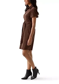 Women's Puff Sleeve Button Up Corduroy Midi Dress with Tie