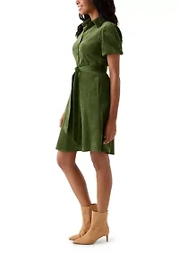 Women's Puff Sleeve Button Up Corduroy Midi Dress with Tie
