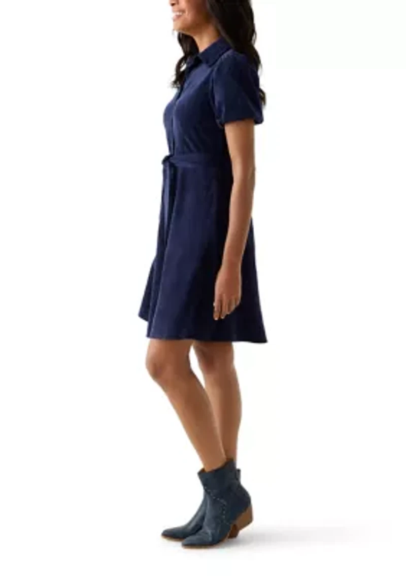 Women's Puff Sleeve Button Up Corduroy Midi Dress with Tie