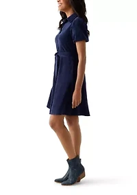 Women's Puff Sleeve Button Up Corduroy Midi Dress with Tie