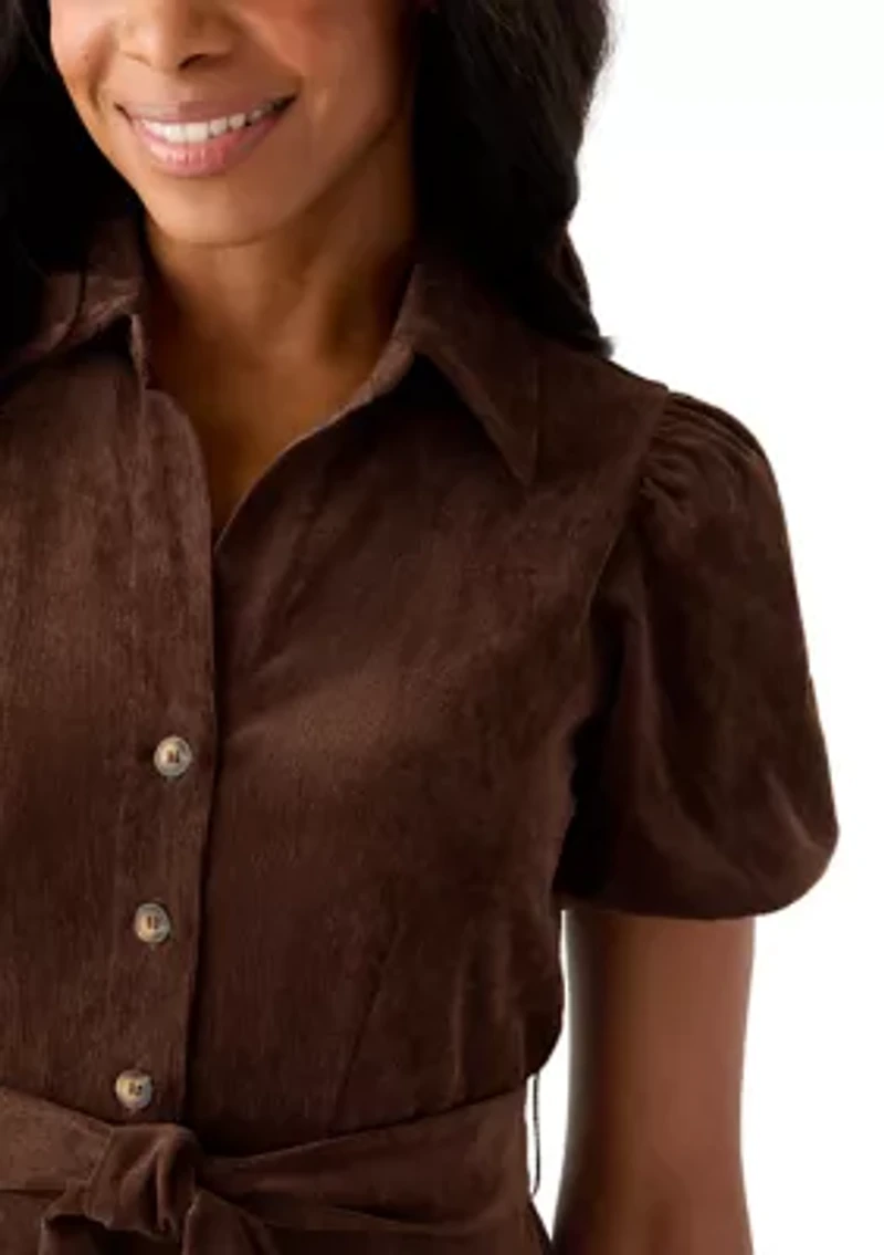 Women's Puff Sleeve Button Up Corduroy Midi Dress with Tie