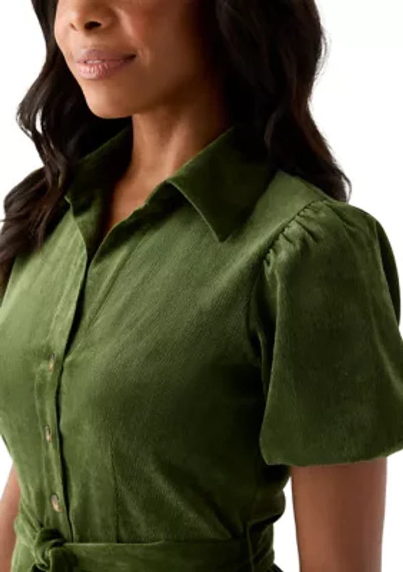 Women's Puff Sleeve Button Up Corduroy Midi Dress with Tie
