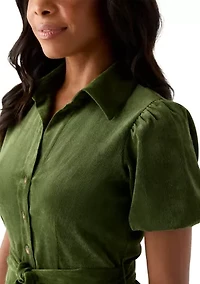 Women's Puff Sleeve Button Up Corduroy Midi Dress with Tie