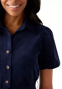 Women's Puff Sleeve Button Up Corduroy Midi Dress with Tie