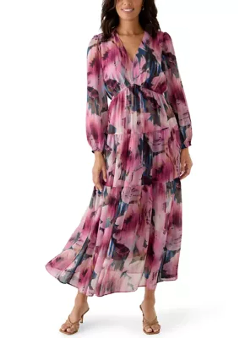 Women's V-Neck Floral Print Chiffon Midi Dress