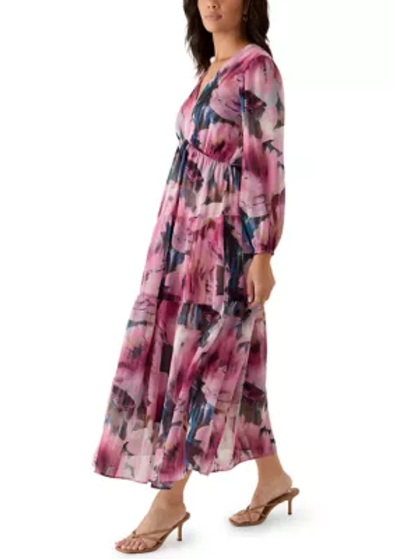 Women's V-Neck Floral Print Chiffon Midi Dress