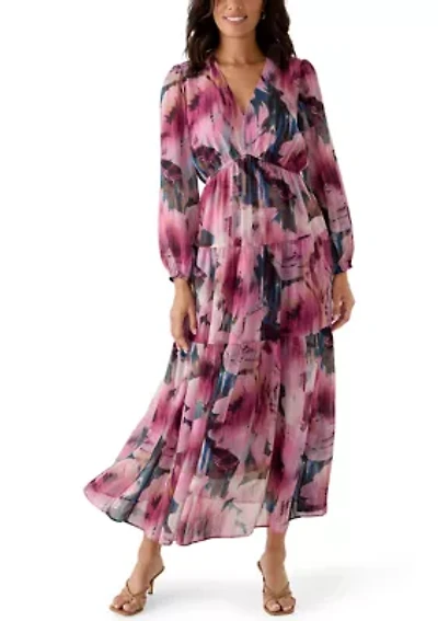 Women's Long Sleeve V-Neck Floral Midi Dress