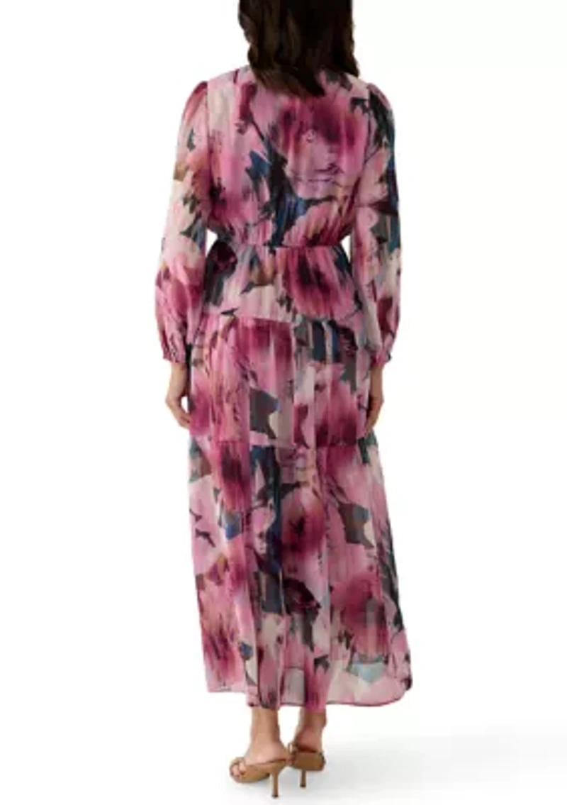 Women's Long Sleeve V-Neck Floral Midi Dress