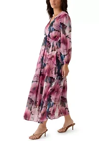 Women's Long Sleeve V-Neck Floral Midi Dress