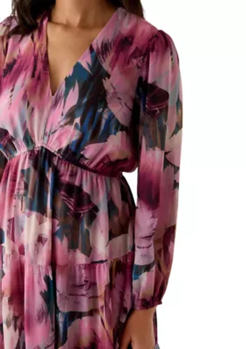 Women's Long Sleeve V-Neck Floral Midi Dress