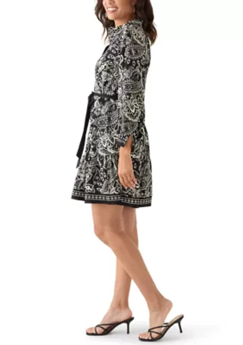 Women's Long Sleeve Split Neck Floral Print A-Line Dress
