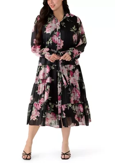 Plus Long Sleeve Collared Midi Dress