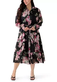 Plus Long Sleeve Collared Midi Dress