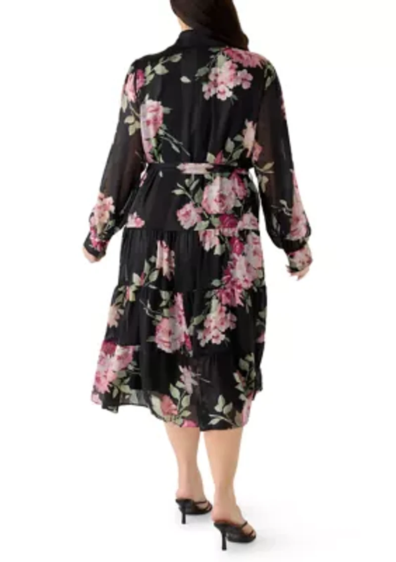 Plus Long Sleeve Collared Midi Dress