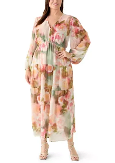 Plus Long Sleeves Floral Chiffon Maxi Dress
