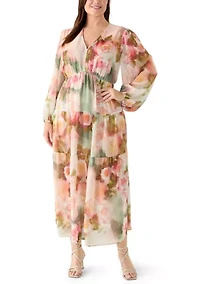 Plus Long Sleeves Floral Chiffon Maxi Dress