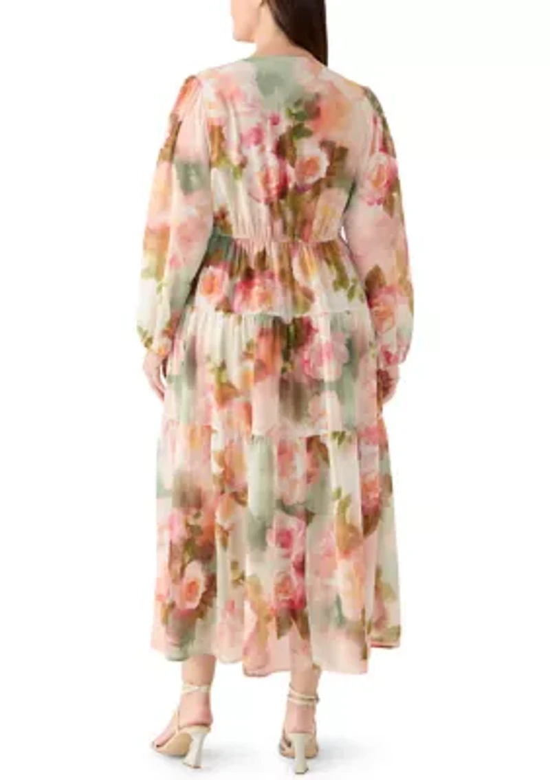 Plus Long Sleeves Floral Chiffon Maxi Dress