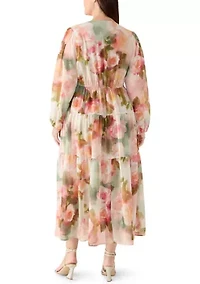 Plus Long Sleeves Floral Chiffon Maxi Dress