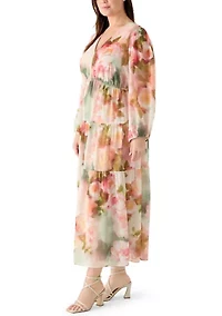 Plus Long Sleeves Floral Chiffon Maxi Dress