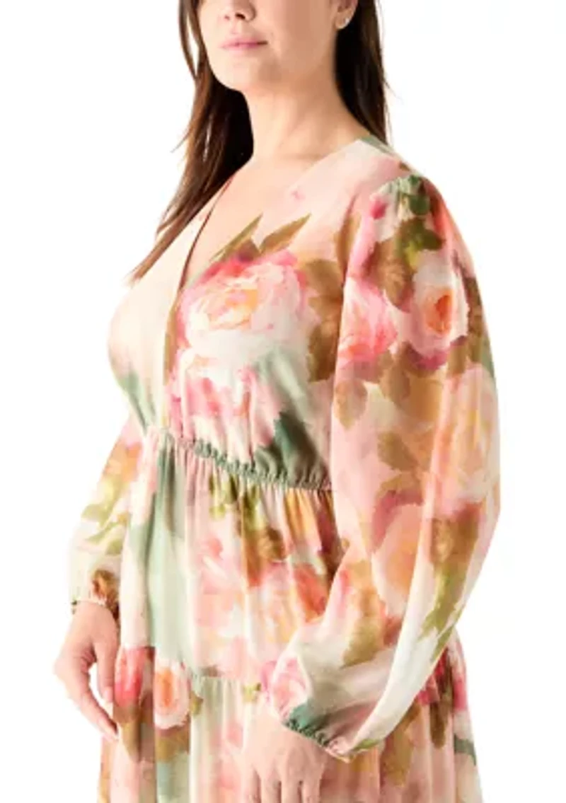 Plus Long Sleeves Floral Chiffon Maxi Dress