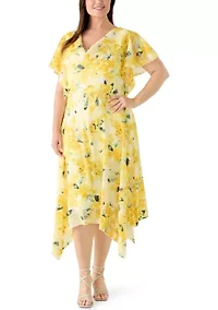 Plus Short Sleeve Hankerchief Hem Floral Dress
