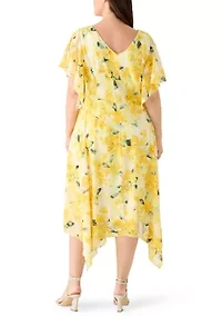 Plus Short Sleeve Hankerchief Hem Floral Dress