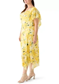 Plus Short Sleeve Hankerchief Hem Floral Dress