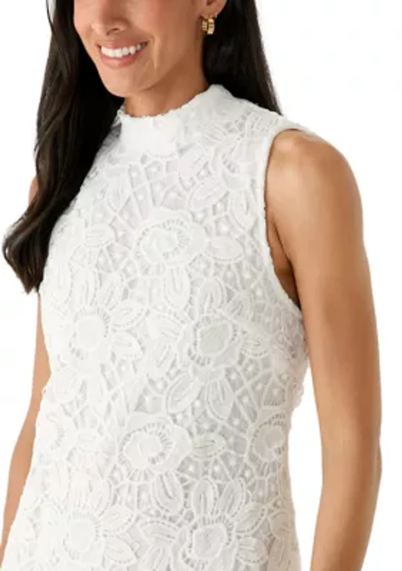 Women's Sleeveless A-Line Mock Neck Lace Dress