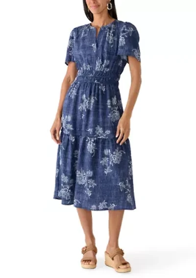Women's Printed Chambray Short Sleeve Midi Dress