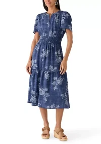 Women's Printed Chambray Short Sleeve Midi Dress