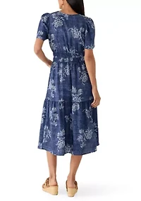 Women's Printed Chambray Short Sleeve Midi Dress