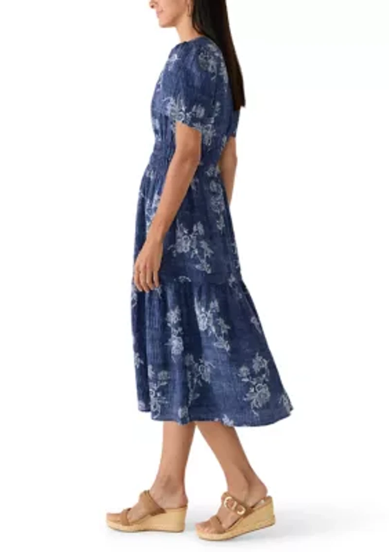 Women's Printed Chambray Short Sleeve Midi Dress