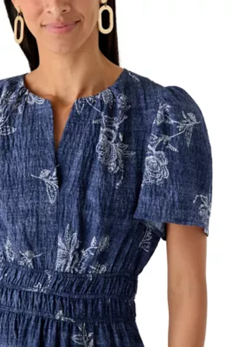 Women's Printed Chambray Short Sleeve Midi Dress