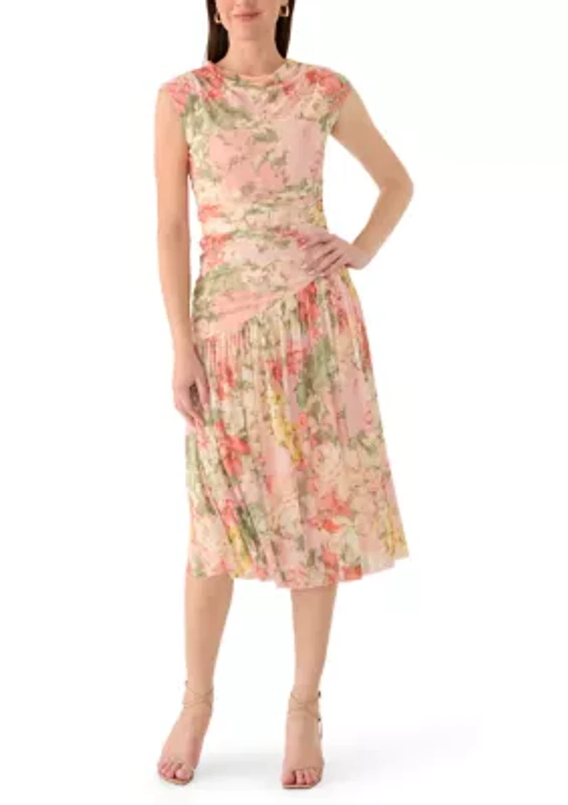 Women's High Neck Mesh Floral Midi Dress