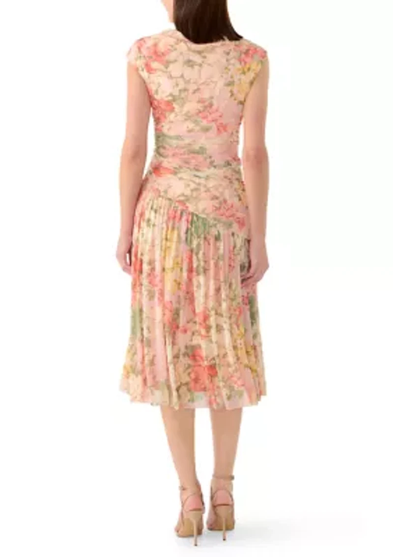 Women's High Neck Mesh Floral Midi Dress