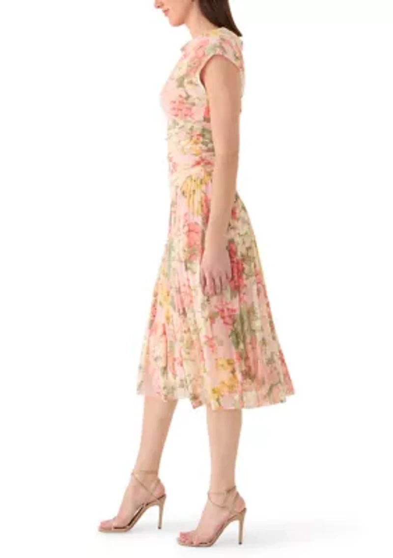 Women's High Neck Mesh Floral Midi Dress
