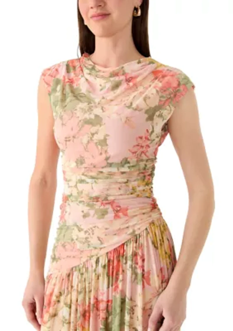Women's High Neck Mesh Floral Midi Dress