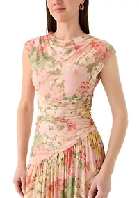 Women's High Neck Mesh Floral Midi Dress
