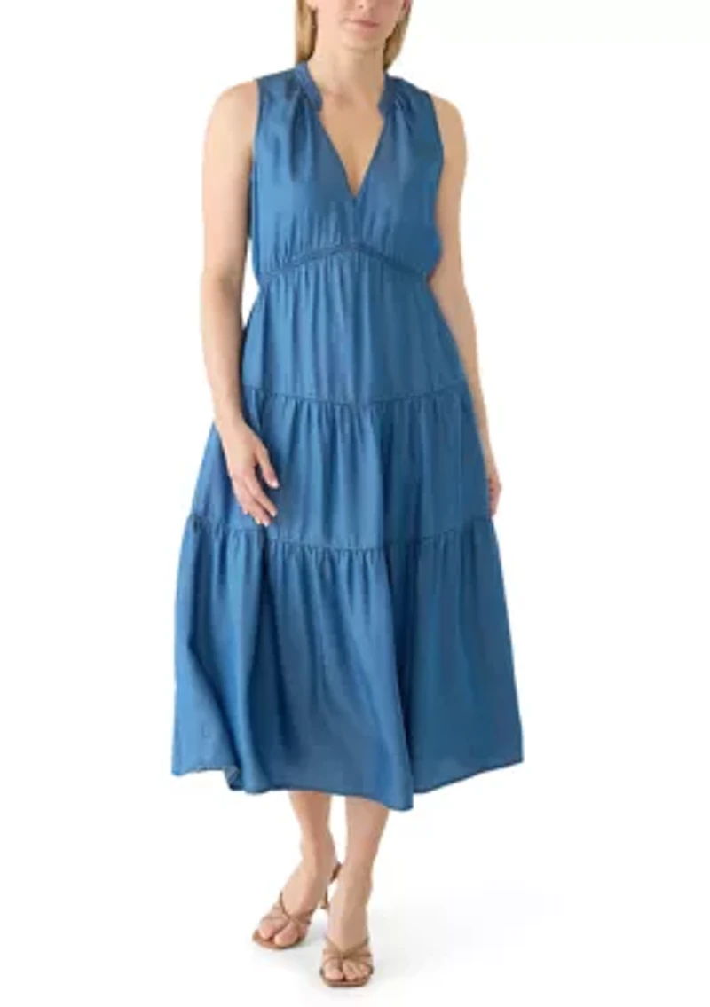 Women's Sleeveless V-Neck Denim Tiered Maxi Dress
