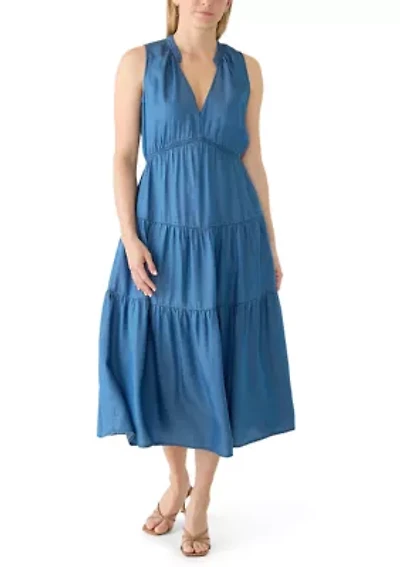 Women's Sleeveless V-Neck Denim Tiered Maxi Dress