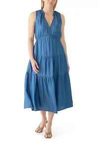 Women's Sleeveless V-Neck Denim Tiered Maxi Dress